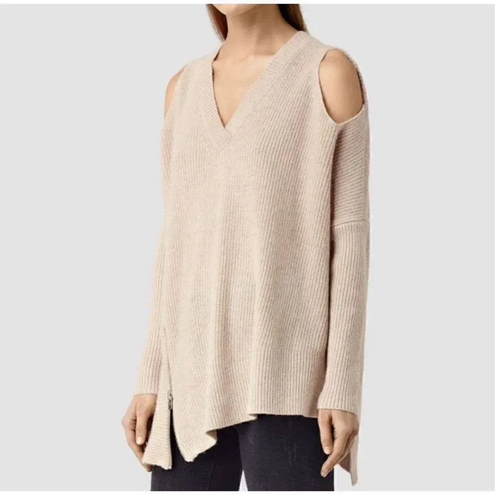 AllSaints Women's Cream Wool Able Open Shoulder Jumper Sweater Size Small